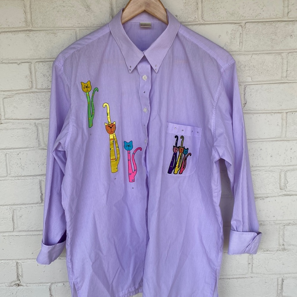 Embroidered Cat Purple Stripe Button Up Shirt L